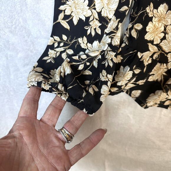 Counterparts Black/Tan Floral Tie Front Ruffle Women's Blouse Size Medium - Picture 7 of 9